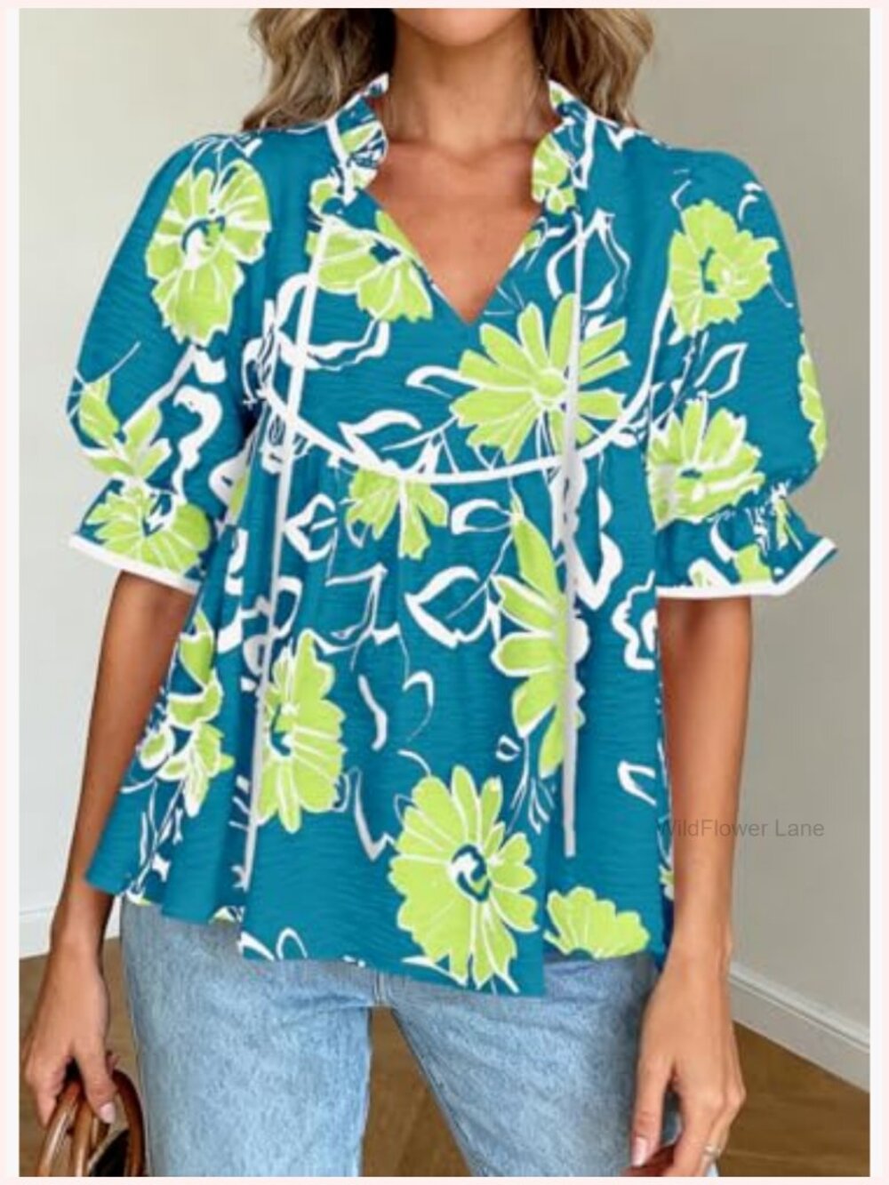Ruffle Puff Sleeve V Neck Babydoll Tunic Top Blouse Boho Floral Peplum Shirt - Picture 4 of 7